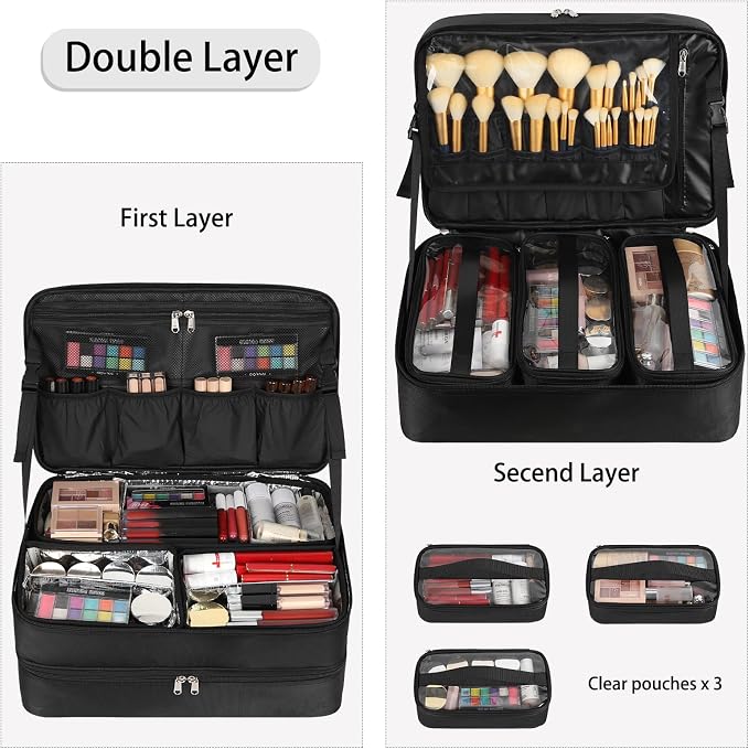Extra Large Makeup Case, Professional Makeup Train Case for Makeup Artist Traveling Organizer, Double Layer XL Cosmetic Travel Case for Cosmetology with 3 Detachable compartments and 3 Makeup Bags - Image 2