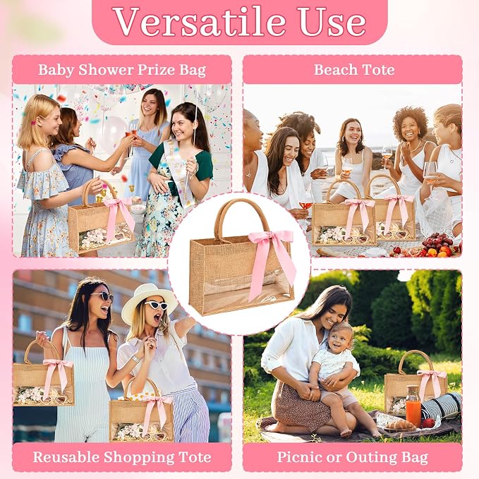8 Pack Burlap Tote Bags with Clear PVC Window and Pink Ribbon DIY Bachelorette Bags Bridesmaids Gift Bag Reusable Grocery Bag with Handle for Wedding Engagement Beach Shower Party - Image 5