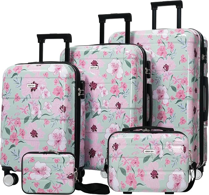 Merax Luggage Set,5 Piece Luggage with Handbag and Cosmetic Case | Hardside Printing Suitcase with Wheels,Carry on Luggage Airline Approved(Green Pink Flower,8/14/20/24/28) by Merax