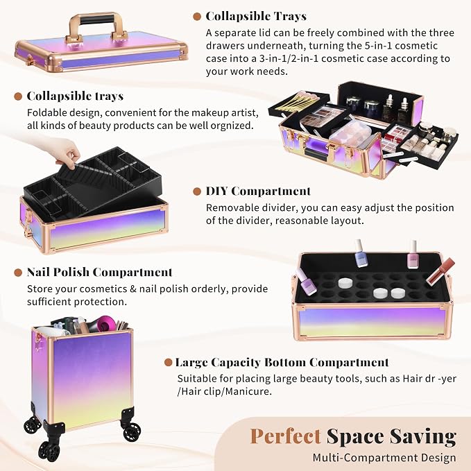 Rolling Makeup Train Case with Lid Cosmetology Case on Wheels | 5 in 1 Large Cosmetic Trolley Organizer Travel for Hairstylist Artist Nail Beauty Salon Barber Cart Trunk, Colorful - Image 6