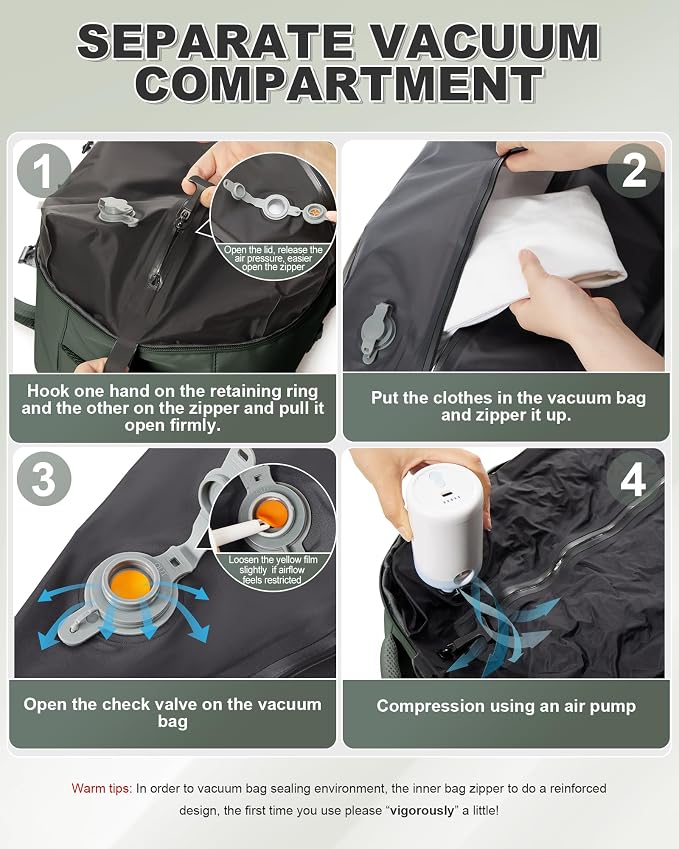 winspansy Vacuum Backpack Travel Essentials with Air Pump Compression Bags for Travel Carry on Flight Approved Seal Vacpack Personal Item Backpack with Vacuum System for Women Men Dark Green - Image 3