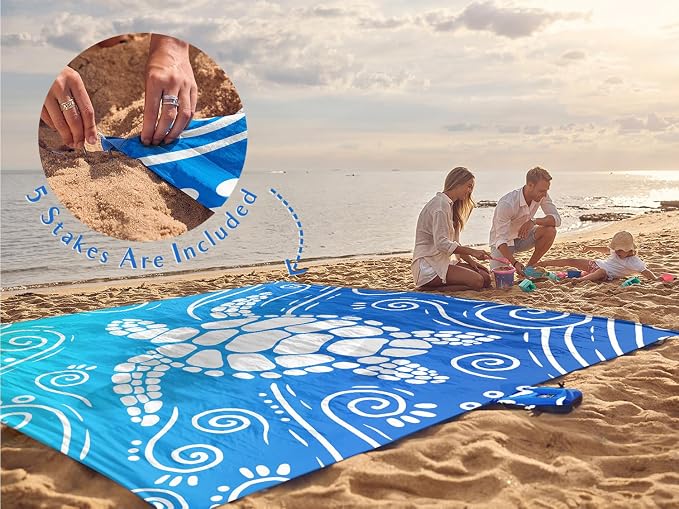 WEKAPO Beach Blanket Waterproof Sandproof Oversized Extra Large Sand Free Beach Mat with Stakes, Storage Bag - Essentials for Outdoor Beach, Picnic (Gradient Blue Sea Turtle, 8 X 7 FT (1~4 Person)) - Image 6