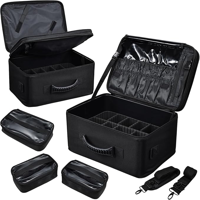 Costravio Makeup Bag Organizer Large Makeup Case Backpack Professional 2 Layers Cosmetic Storage Organizer Brush Slot with 3 Clear Set Bags for Makeup Artists with Shoulder Strap Adjustable Dividers by Costravio