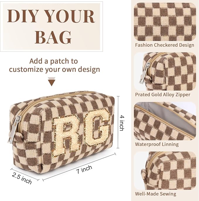 SOIDRAM Checkered Makeup Bag Preppy Cosmetic Bag Bulk Brown Makeup Pouch Personalize Travel Toiletry Bag Organizer Cute DIY Makeup Brushes Storage Bag for Women - Image 3