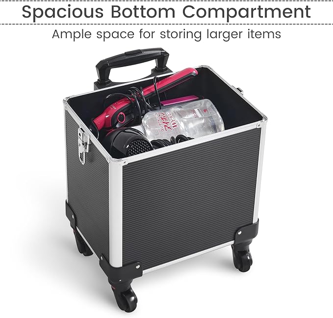 Yaheetech 5 in 1 Rolling Makeup Train Case, Lockable Black Cosmetology Cart | Extra large aluminum-trimmed nail storage cart with detachable tiers, a lipstick organizer, shoulder strap and smooth wheels - Image 7