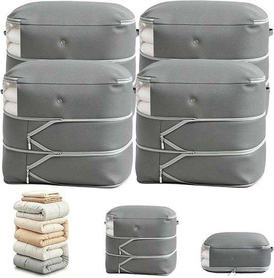 Comforter Storage Bag, Large Capacity Blanket Storage Bags 3-Layer Ultra Space Saving Self Compression Organizer, Heavy Duty Space Saver Organizer for Bedding, Clothes, Blanket, 4-Pack, Gray by Unknown
