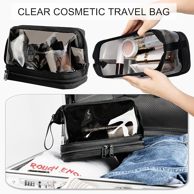 Rough Enough Clear Cosmetic Bag for Women and Men, Leakproof Travel Makeup Organizer, with Detachable Brush Pouch, Large Opening, 6.5”x5”x8.5”, Black - Image 5
