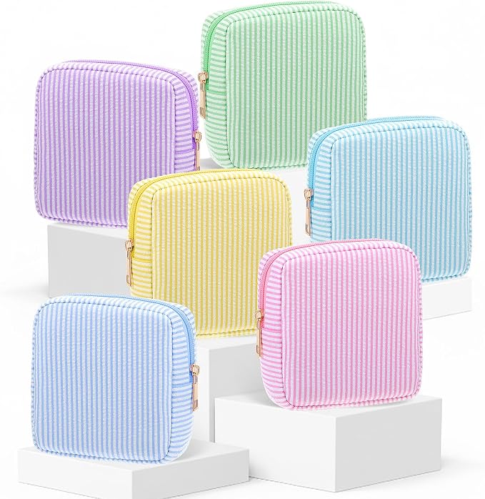 Sanwuta Seersucker Cosmetic Bag Bulk Striped Makeup Bag for Women Aesthetic Cute Travel Toiletry Organizer Preppy Storage Pouch for Wedding Bridesmaid Mother's Day Teacher Gift(Small,Macaron Color,6) by Sanwuta