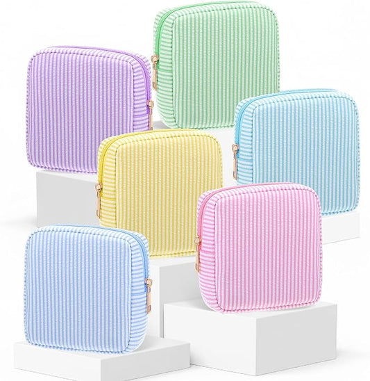 Sanwuta Seersucker Cosmetic Bag Bulk Striped Makeup Bag for Women Aesthetic Cute Travel Toiletry Organizer Preppy Storage Pouch for Wedding Bridesmaid Mother's Day Teacher Gift(Small,Macaron Color,6) by Sanwuta