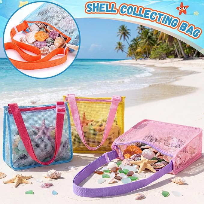 Frienda 4 Pcs Mesh Beach Bag Beach Seashell Bag Shell Collecting Sand Toy Totes Colorful Swimming Accessories Storage Pouch with Adjustable Carrying Straps for Men and Women (Colors A) - Image 3