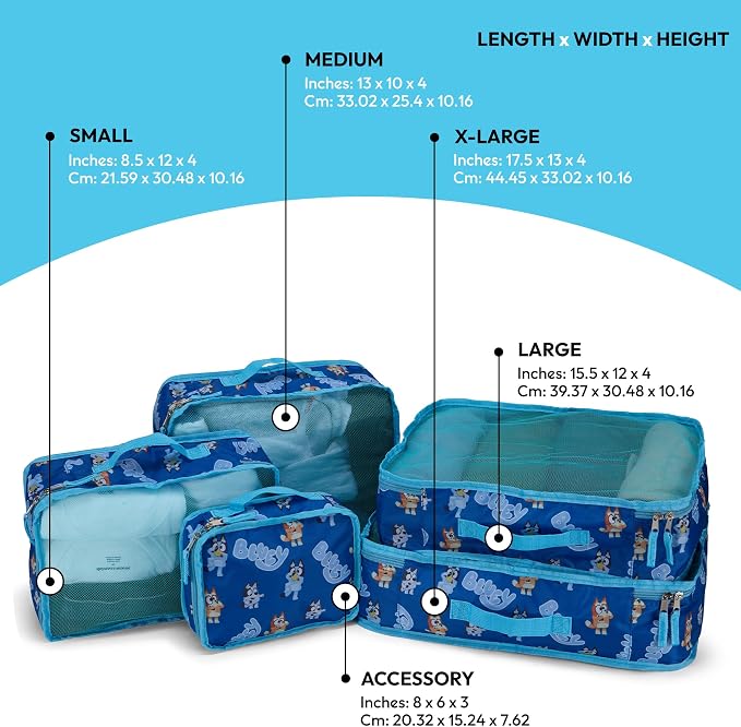 Bluey Packing Cubes for Kids - 5 Piece Luggage Organizer Set - Travel Accessories for Suitcase - Bluey Bingo Bandit Chilli Stripe Trixie - Packing Cube Set for Kids, Teens, Adults - Image 2
