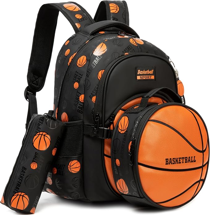 Boys' School Backpack with Lunch Box and Pencil Case - Ideal for Teens and Middle School Students, Orange Basketball by MYHSBYO