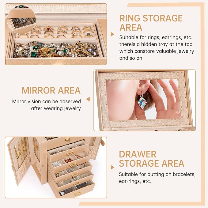 AKOZLIN 6-Tier Jewelry Box Organizer Functional 5 Drawers Leather Jewelry Storage Case for Women Girls Ring Necklace Earring Bracelet Holder Organizer with Mirror Medium Champagne - Image 2