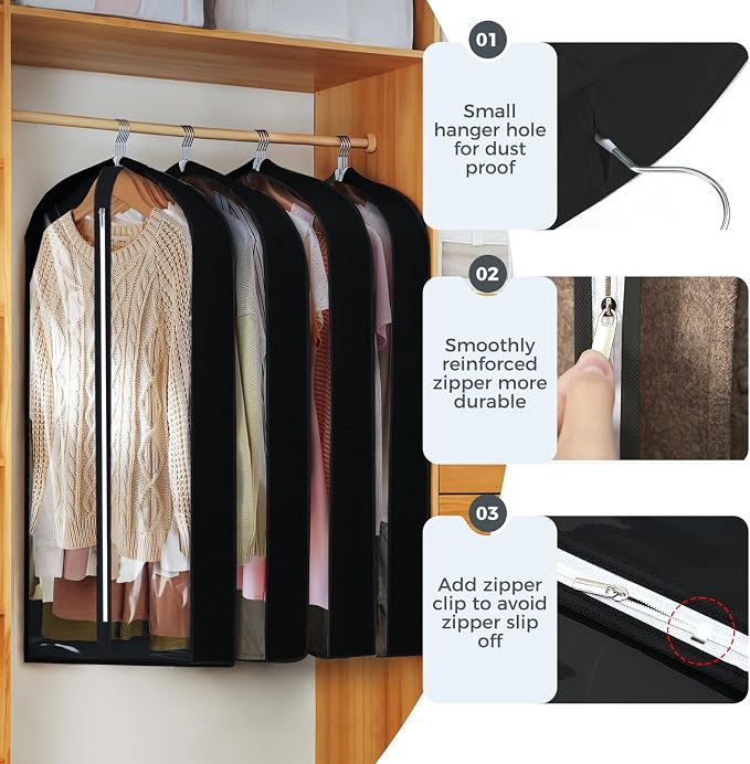 6 Pcs 40" Garment Bags for Hanging Clothes, Clear Suit Bags for Closet Storage Clothing Storage, Garment Bags Shoulder Covers with 4" Gussets for Coats, Jackets, Shirts and Sweater, Black - Image 4