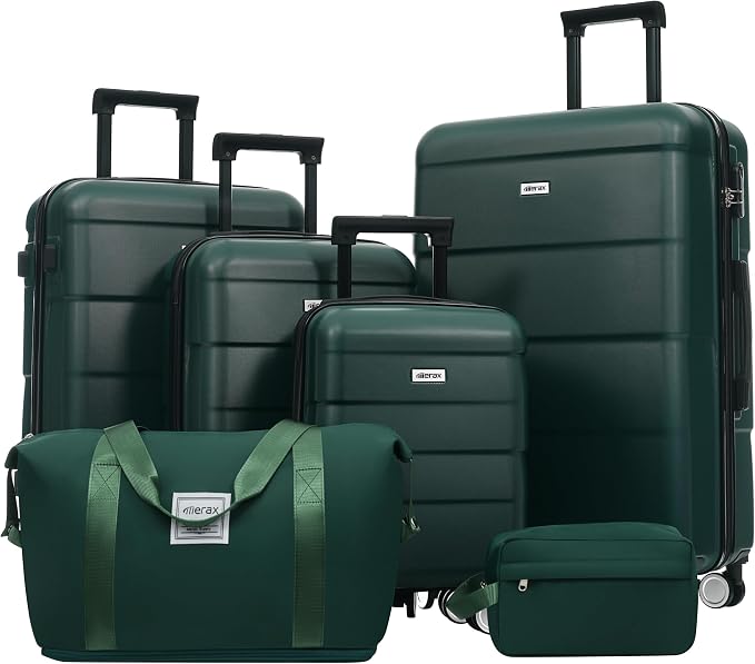 Merax Luggage Set,6 Piece Carry on Hardcase Suitcase with Travel Bags | Durable Suitcase Set with Double Spinner Wheels,16/20/24/28 IN Luggage Airline Approved,Dark Green by Merax