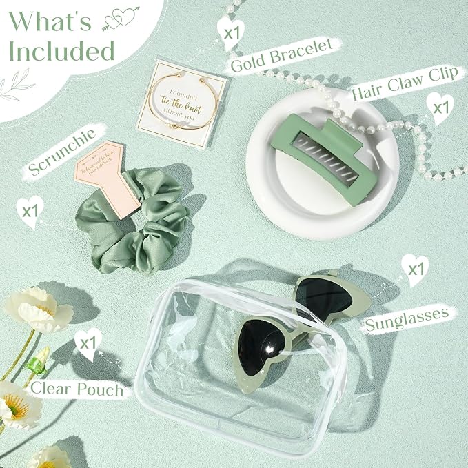 DEEKA 5 Pcs Bridesmaid Proposal Bag Set Gift Clear Makeup Toiletry Bag Bachelorette Party Favors Sunglasses Hair Claw Clips Scrunchies Knot Bracelets Bridal Wedding Party Gifts (Sage Green) - Image 2