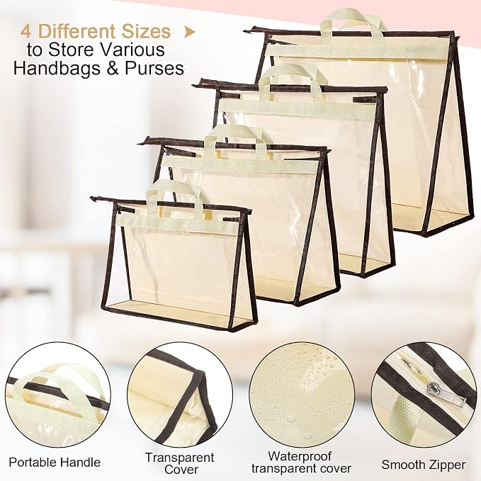 16 Pack Clear Handbag Storage Organizer with 16 Stainless Steel S-Hooks, 4 Assorted Sizes, Anti-Dust Moisture-Proof Purse Storage Bags with Zipper and Handle for Closet Hanging, Wallet Dust Cover Set - Image 2