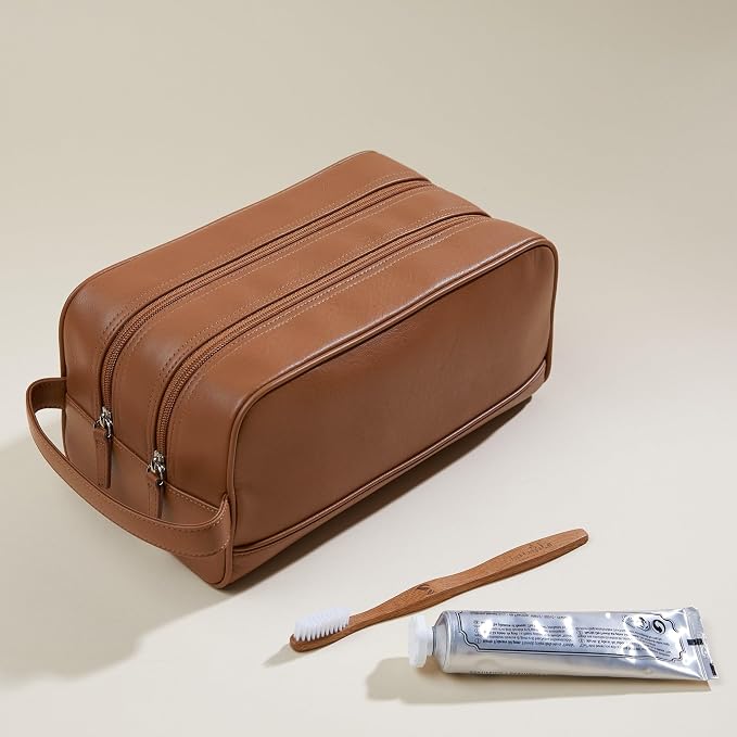 Leatherology Cognac Double Zip Toiletry Bag – Full-Grain Leather Men's Dopp Kit with Dual Compartments, Water-Resistant Lining & Top-Stitched Handle - Image 2