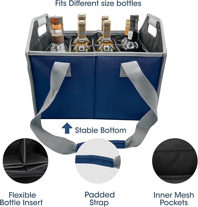 12 Bottle Wine Carrier Bag Collapsible Reusable with Strap for Liquor Champagne Beer Glasses Storage Shopping Travel (Navy Blue) - Image 3