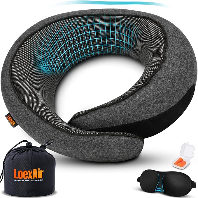 LOEXAIR™ Travel Pillow, Neck Pillow Travel for Airplane, Car - 100% Cotton Fabric & Memory Foam Plane Pillow, Lightweight & Easy-to-Carry on Flight, Full Travel Set (Eye Mask, Earplugs) - Dark Grey by LoexAir