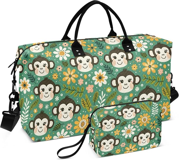 Weekender Bags Travel Duffel Gym Bag Flowers Dots Monkey Faces Carry on Overnight Tote Bag with Toiletry Bag for Airplane Travel Trip Gym Yoga by senya