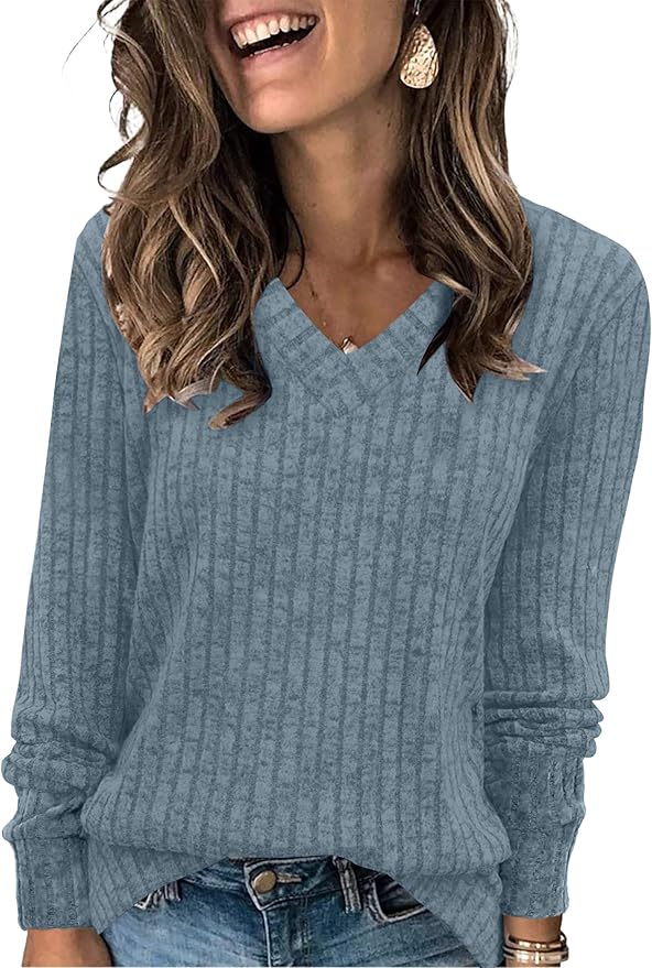 Sampeel V Neck Long Sleeve Shirts for Women Casual Fall Tops Lightweight Tunic Sweaters Fashion Clothes Loose Fit 2025