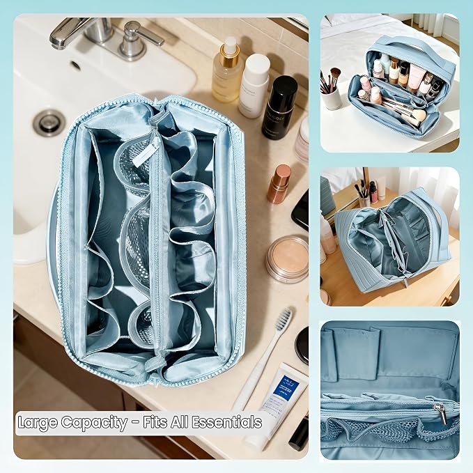 Fold Down Standing Makeup Bag – Large Travel Toiletry Organizer (Blue) | Parallel Design and Adjustable Dividers, Stands Upright or Folds Flat. Multiple Pockets Fit Full‑Size Cosmetics & Toiletries. - Image 5