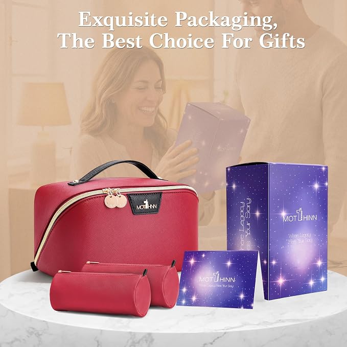Travel Makeup Bag for Women: 3-in-1 Large Capacity Cosmetics Organizer with 2 Detachable Pouch - Vegan Leather Flat Open Toiletry Bag - Portable Travel Essentials for Full-Sized Bottles(Red) - Image 7