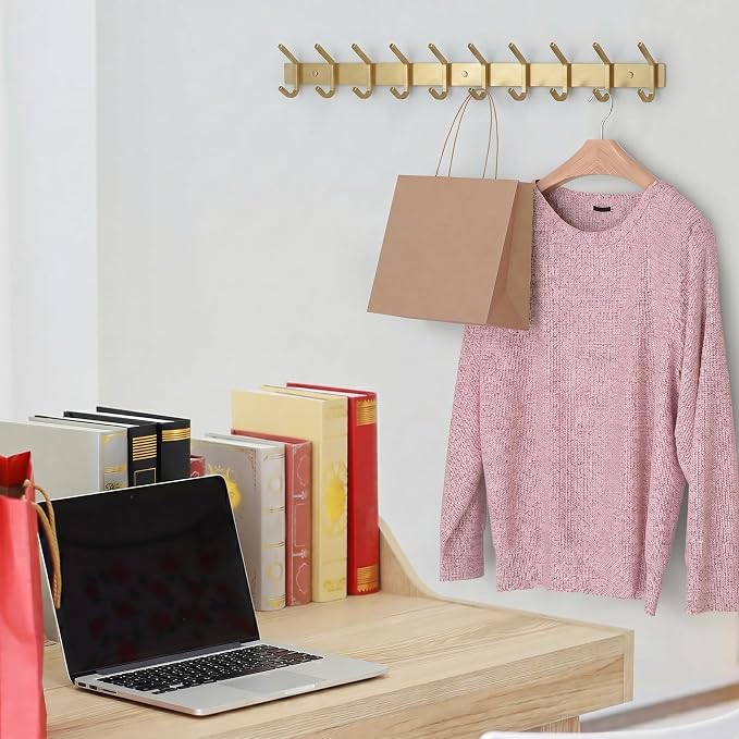 Brushed Gold Wall Mounted Coat Rack – 30 Inch Stainless Steel Rail with 10 Double Coat Hooks for Entryway, Bathroom, Bedroom, Kitchen – Modern Gold Hook Rack for Coats, Hats, Towels - Image 5