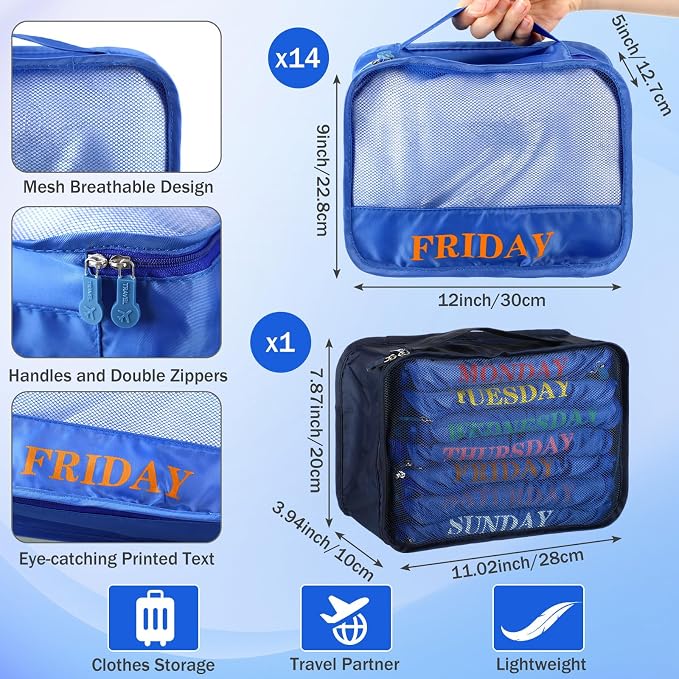Days of Week Packing Cubes Summer Camp Essentials Weekly Organizer Storage Bag School Clothes for Travel Kids Family(9x7x3inch,Blue,15) - Image 3
