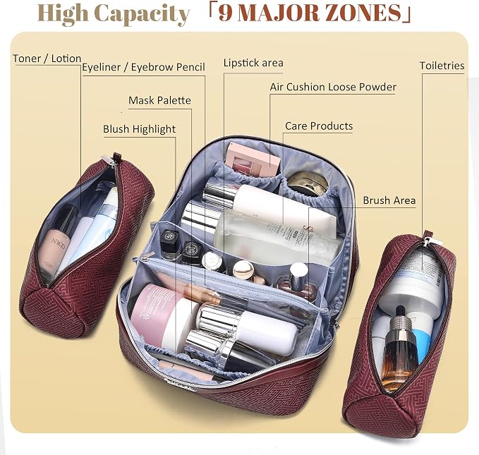 BOYATU Travel Makeup Bags for Women: Vintage Roman Column Texture | Each Journey, Quiet Luxury Serenity - 3 Pcs Set Large Capacity Cosmetic Bag Organizer Toiletry Purse(Burgundy) - Image 5