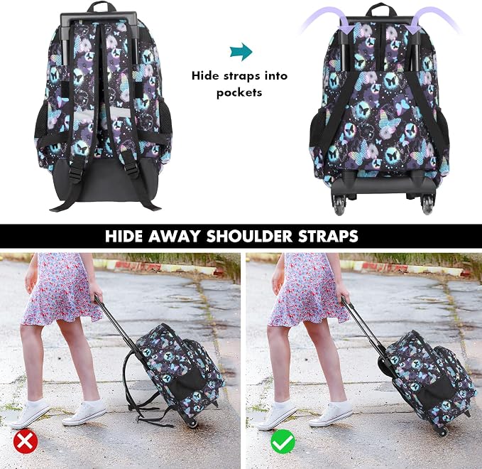 Tilami Rolling Backpack for Kids 18 Inch Double Handle Wheeled Bookbag for Boys & Girls for School & Travel,Butterfly - Image 9