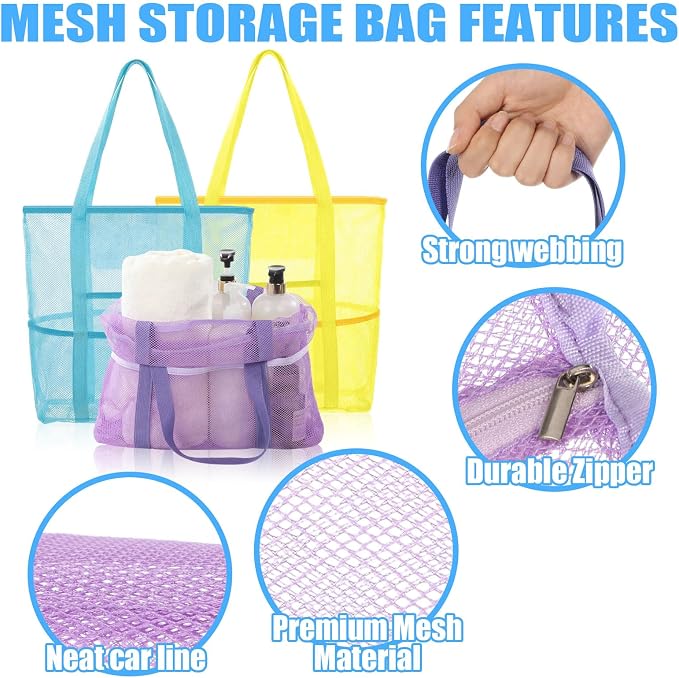 Kinlop 8 Pcs Mesh Beach Bag, Large Beach Tote Bags with Zipper, Waterproof Sandproof with 8 Pockets for Family Travel Vacation Essentials Toys Bag Pastel Colors - Image 3