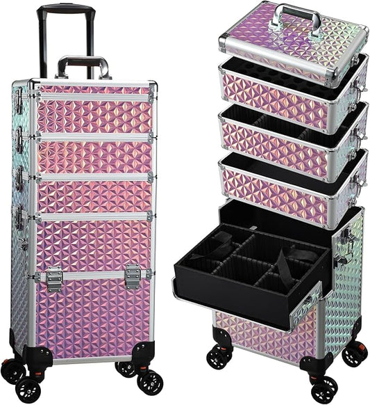 Yueieoun 5 in 1 Rolling Makeup Case, Cosmetology Case on Wheels Travel Make up Train Case Nail Cart Makeup Organizer Cosmetic Storage Box Cases Extra Large Trolley Truck with 360° Swivel Wheels, Pink by Yueieoun