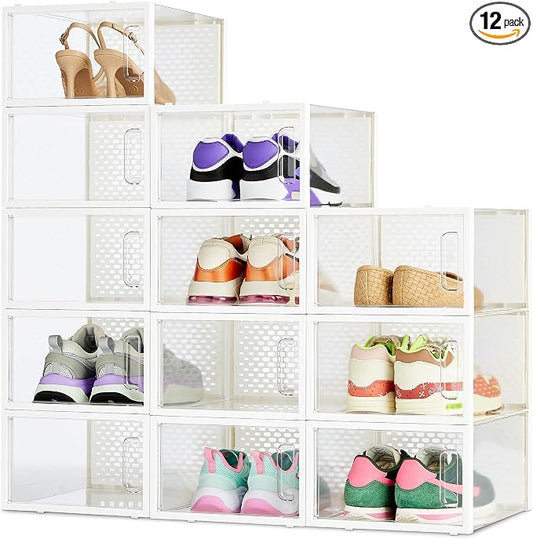 Amazon Basics Stackable and Foldable Clear Shoe Storage Organizer Box, Medium, 12-Pack by AmazonBasics