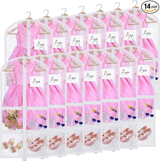 Geelin 14 Pcs Garment Bags for Dance Costumes PVC Clear with Zippers 20 x 40 Inch Garment Bag with Pockets Dance Costume Organizer Carrier for Storage Cover for Adult(Translucent White) by Geelin
