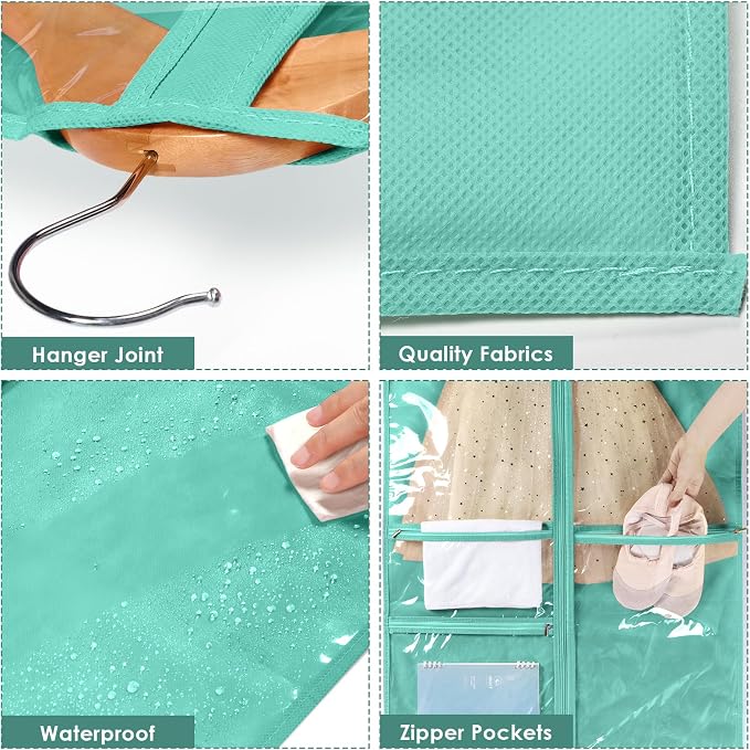 Univivi Dance Costume Bags Garment Bag 40 Inch Hanging Clothes for Dance Competitions, with 3 Medium Clear Zipper Pockets for Dance Costumes, Closet Storage (Green) - 4 Pack - Image 3