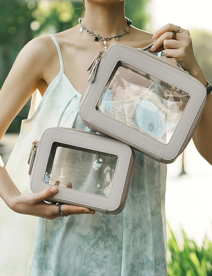 Popvibe Clear Makeup Bag Travel Cosmetic Case Transparent Toiletry Bag with Zipper, Portable Make Up Organizer Traveling Compact Car Bag for Essentials, Stone, Medium and Large - Image 4