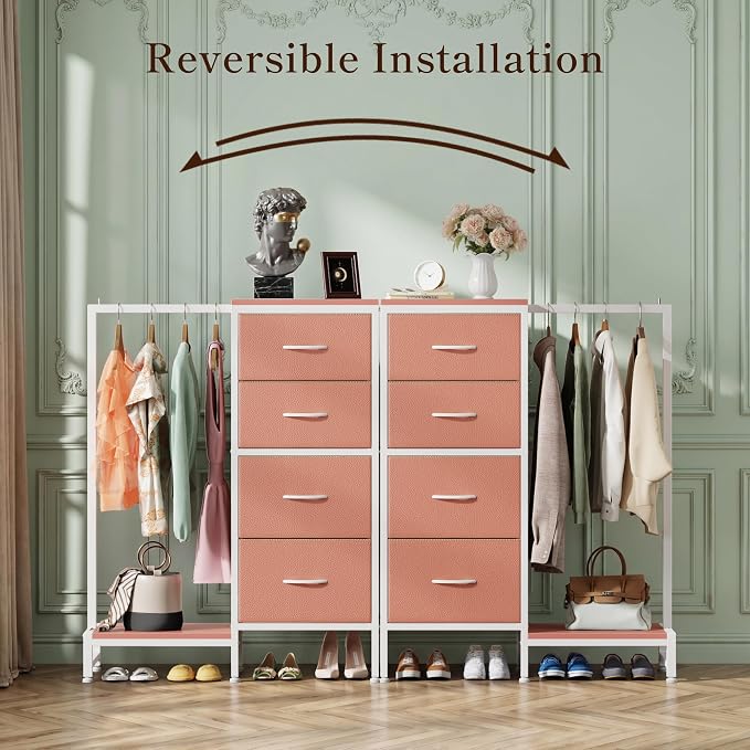 HIGDBFE Dresser with Hanging Rack, 4 Drawers Small Closet for Bedroom, Reversible Fabric Kids Chest of Drawers with Clothes Rack, Tall Storage Tower, Sturdy Frame, Pink, 44''H - Image 6