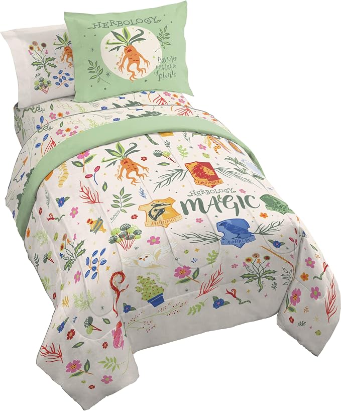 Harry Potter Full Comforter Set 7 Piece Soft Floral Bedding, Multi | Herbology, Bed in a Bag, Comforter Sheets Shams Pillowcases, Official Product, Soft Microfiber, Machine Washable, Easy Care by JayFranco