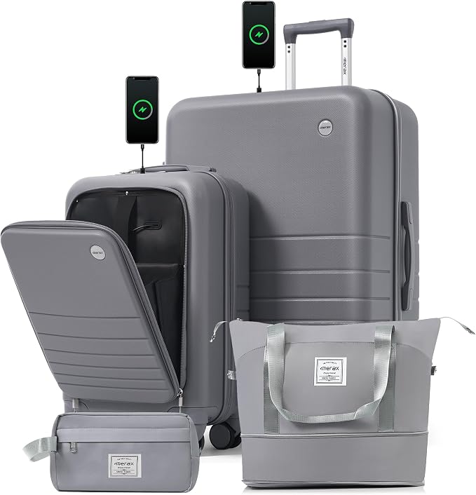4-Piece Luggage Set, Suitcase with TSA Lock Travel Duffel Bag Wet-Dry Toiletry Bag, Grey Front-Opening by Merax