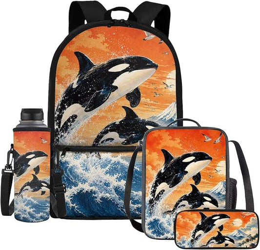 Killer Whale 4 In 1 Kids School Bag Set Water Resistant Backpack with Thermal Lunch Cooler, Pencil Pouch & Water Bottle Cover for Ocean Animal Lovers Girls Boys Back to School Supplies by Dremagia