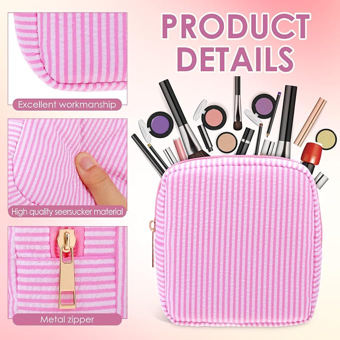 Sanwuta 6 Seersucker Cosmetic Bag Bulk Striped Makeup Bag for Women Aesthetic Cute Travel Toiletry Organizer Preppy Storage Pouch for Wedding Bridesmaid Mother's Day Teacher Gift (Small,Pink) - Image 3