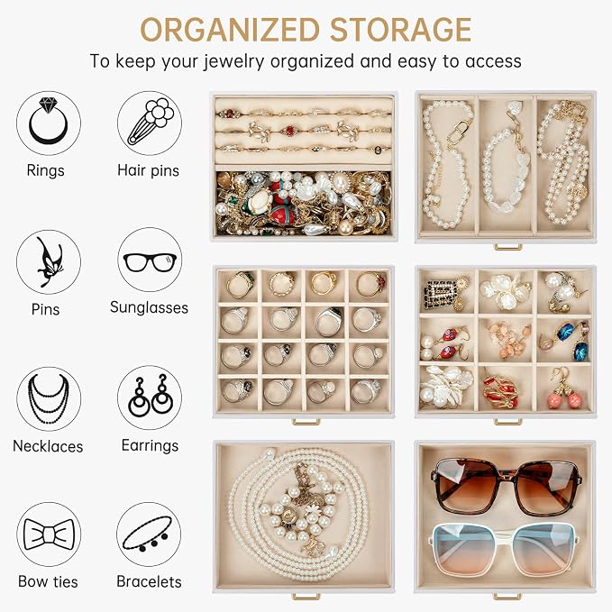 AKOZLIN 6-Tier Jewelry Box Organizer Functional 5 Drawers Leather Jewelry Storage Case for Women Girls Ring Necklace Earring Bracelet Holder Organizer with Mirror Medium White - Image 4