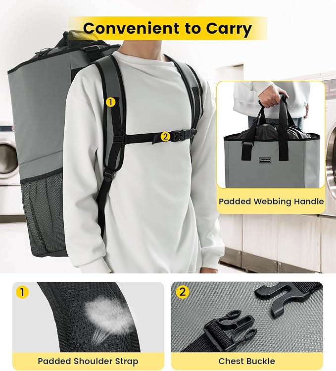 Vorspack Laundry Bag Backpack - Extra Large Laundry Bags with Shoulder Straps Heavy-duty 2 in 1 Laundry Hamper Basket for College Dorm Camp Laundromat Room Essentials - Grey - Image 6