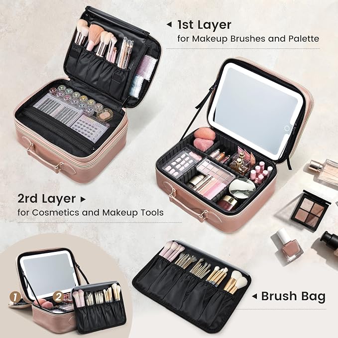 Faquenc Makeup Bag with LED Lighted Mirror 12.2 IN Cosmetic Train Case Double Layer Makeup Case Adjustable Brightness in 3 Colors Cosmetic Organizer Artist Storage with Brush Holder Vanity Smoky Pink - Image 3