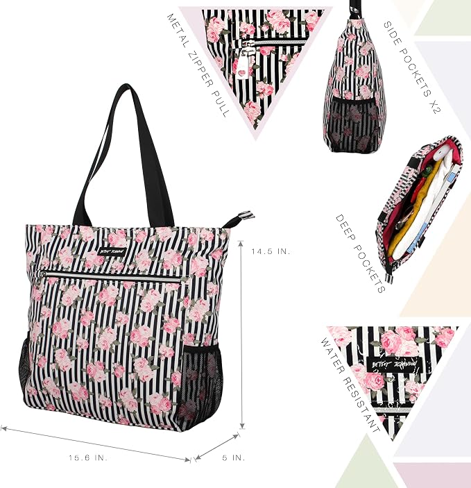 Betsey Johnson 15.6 Inch Zipper Beach Tote Bag Lightweight Large Durable Polyester with Mesh Side Pockets for Gym Work | 15.6 Inch - Image 6