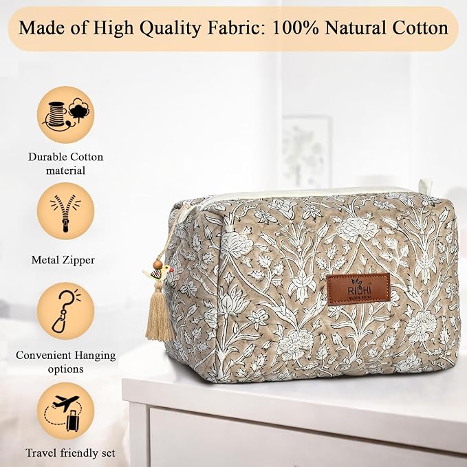 Ridhi Taupe Hand Block Printed Floral Toiletry Bag For Women 100% Cotton Quilted Set of 3 Waterproof Inner Lining, Cosmetic Jewelry Organizer, Travel Pouch, Essential Storage Purse Gifts - Image 7