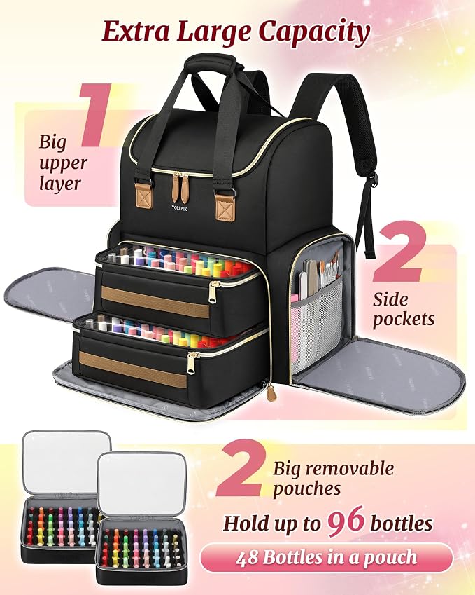 YOREPEK Large Nail Polish Organizer Case Backpack Holds 96 to 100+ Bottles | Extra Large Nail Bag for Nail Lamp, Nail Organizers and Storage with 2 Removable Pouches Fits Nail Stuff, Gift for Manicurist - Image 3