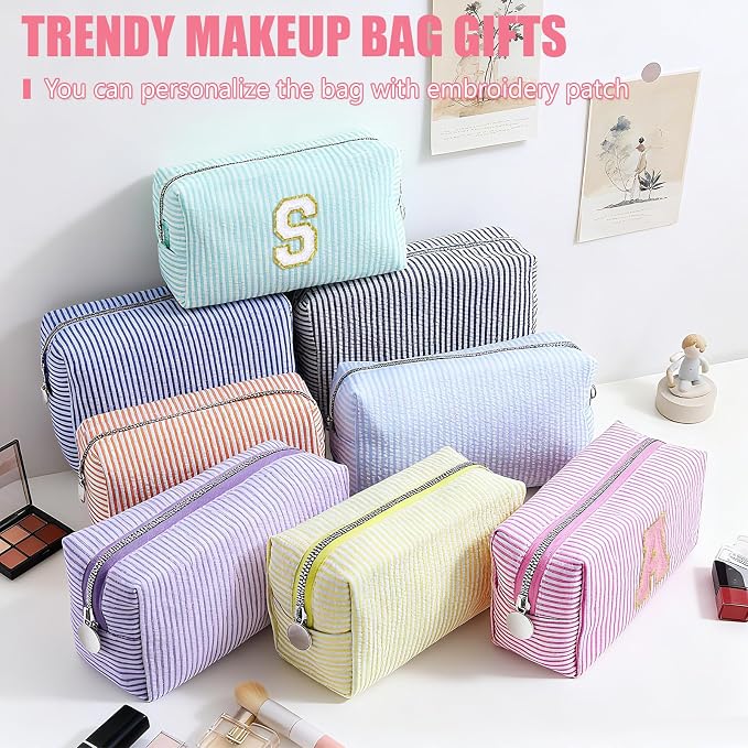 Giesiery 8 Pcs Seersucker Makeup Bags Striped Cosmetic Bags Bulk Organizer for Women Preppy Travel Toiletry Pouch for Wedding Bridesmaid Gifts (Mixed Color, Medium) - Image 4